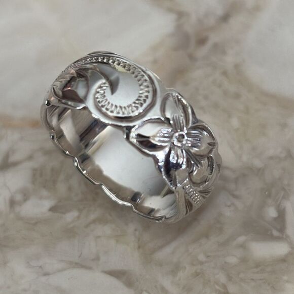 NEW! Hawaiian Wedding Band 925 Sterling Silver Scalloped Floral Pattern - Picture 8 of 12